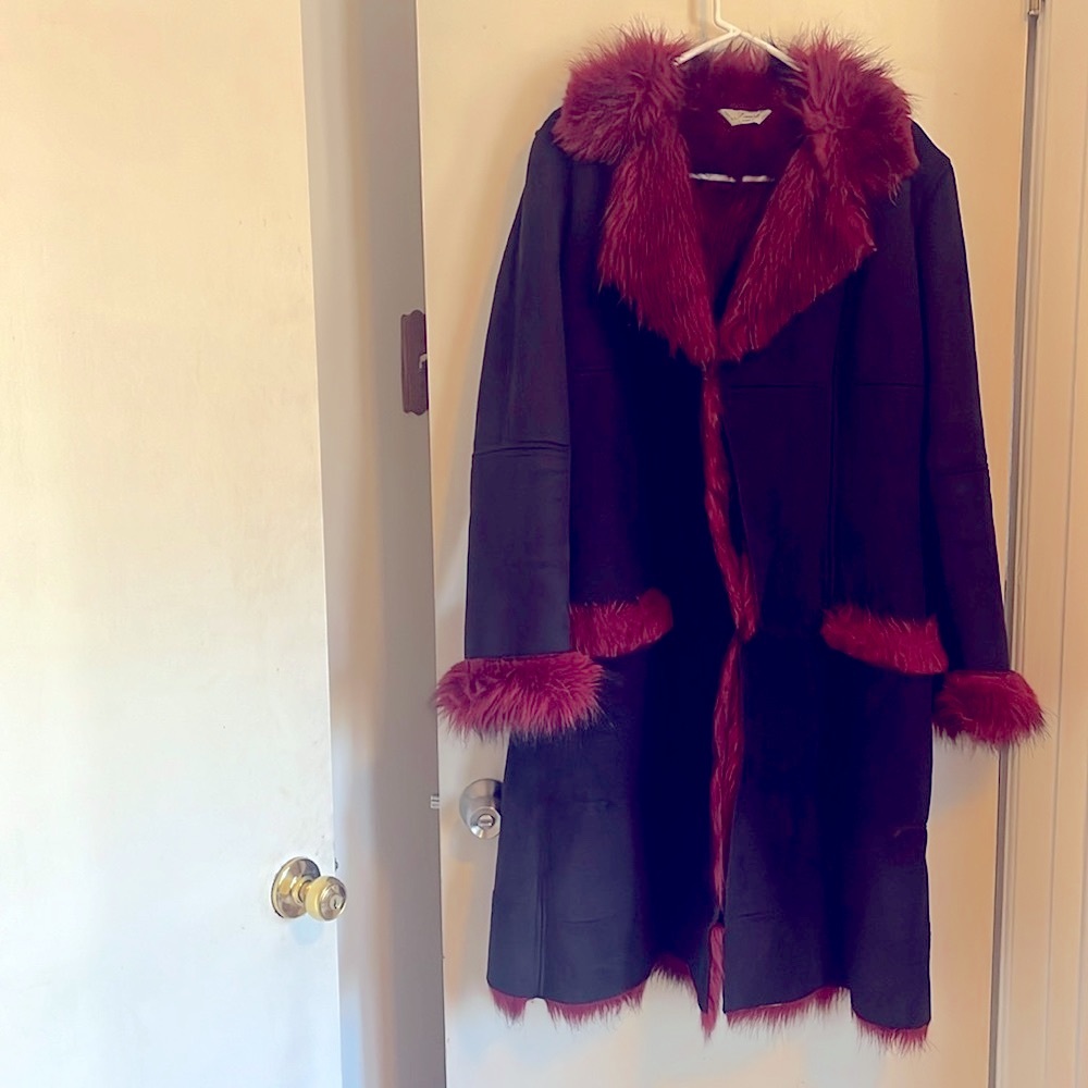 Faust coat. black with red faux fur lining.